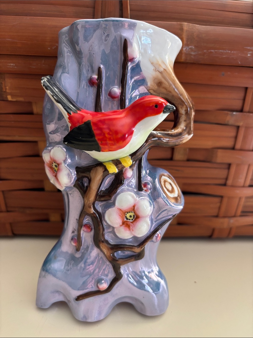 Vintage Japanese Lusterware Bird Wall Pocket Vase Red Bird Cherry Blossom/Branch
